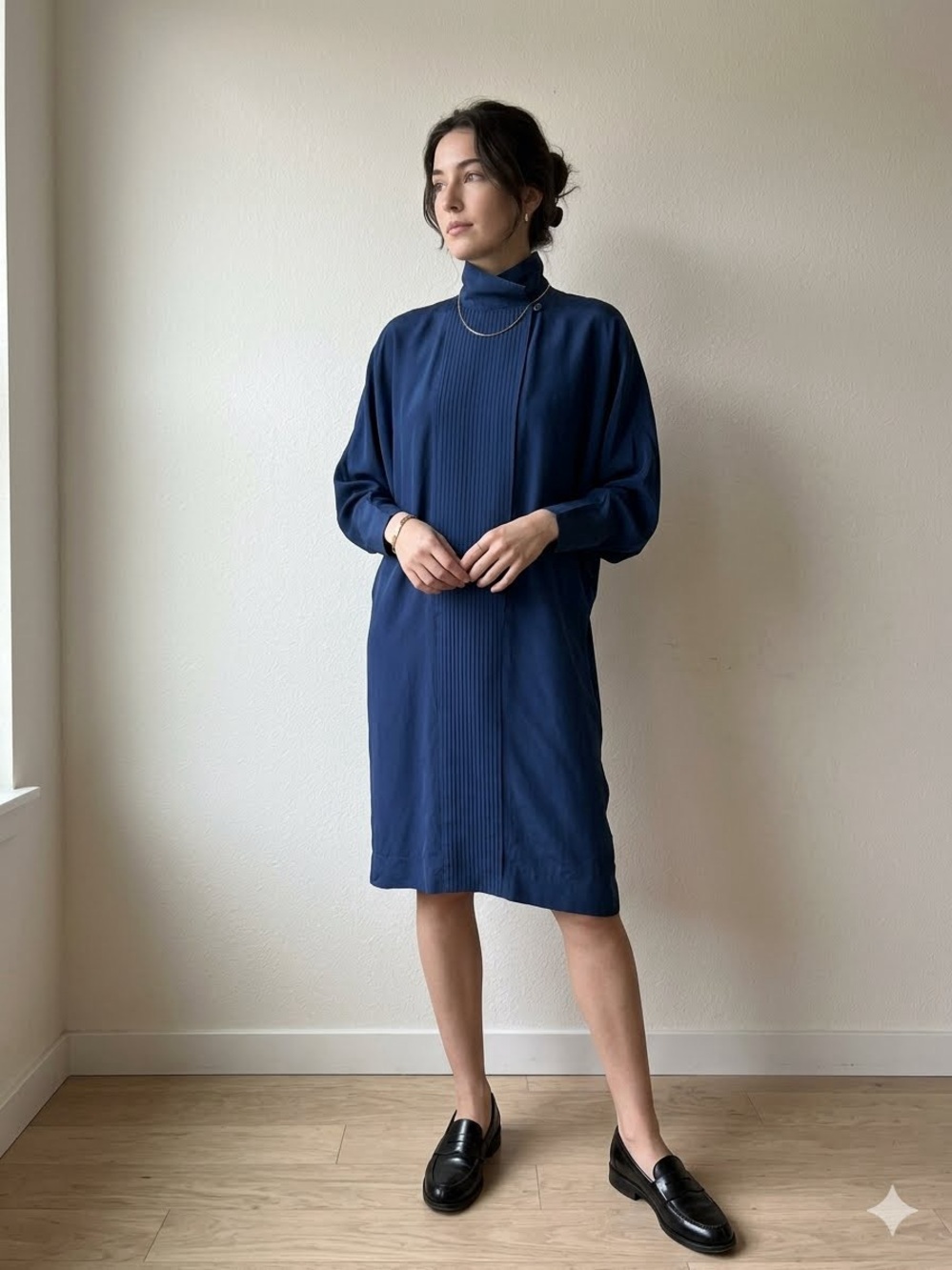 Liz Claiborne Navy Pleated Turtleneck Shift Dress
